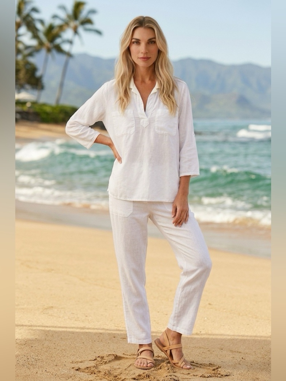 Everly 3/4 Sleeve White Bohemian Top Women's Size Medium Coastal Beachy Capsule